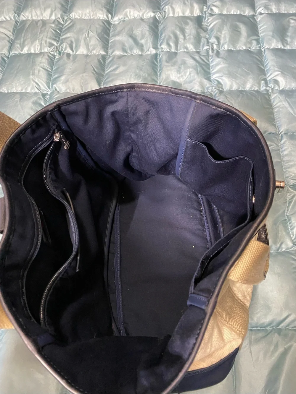 EUC Tumi X Orlebar Brown Canvas and Leather Travel Duffel Bag in Cream & Navy